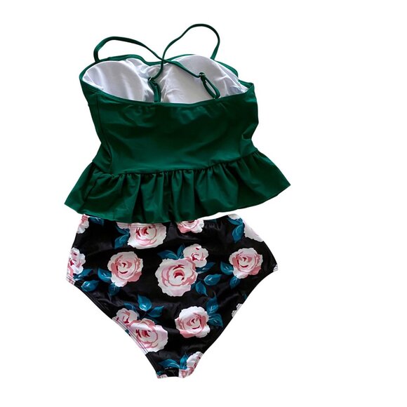 Two Piece Floral Swimsuit Green Peplum Top High-Waisted Rose Print Bottom M NEW - Picture 2 of 9